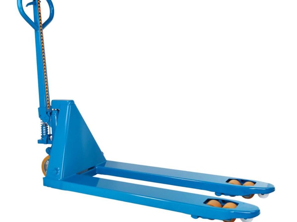 Blue hand pallet truck designed for efficient material handling and smooth transport of heavy loads in industrial settings.