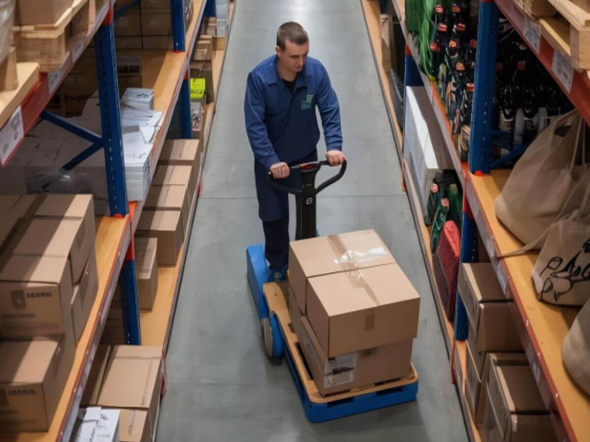 Worker in a jumpsuit using a hand pallet truck to transport boxed goods between warehouse shelves.