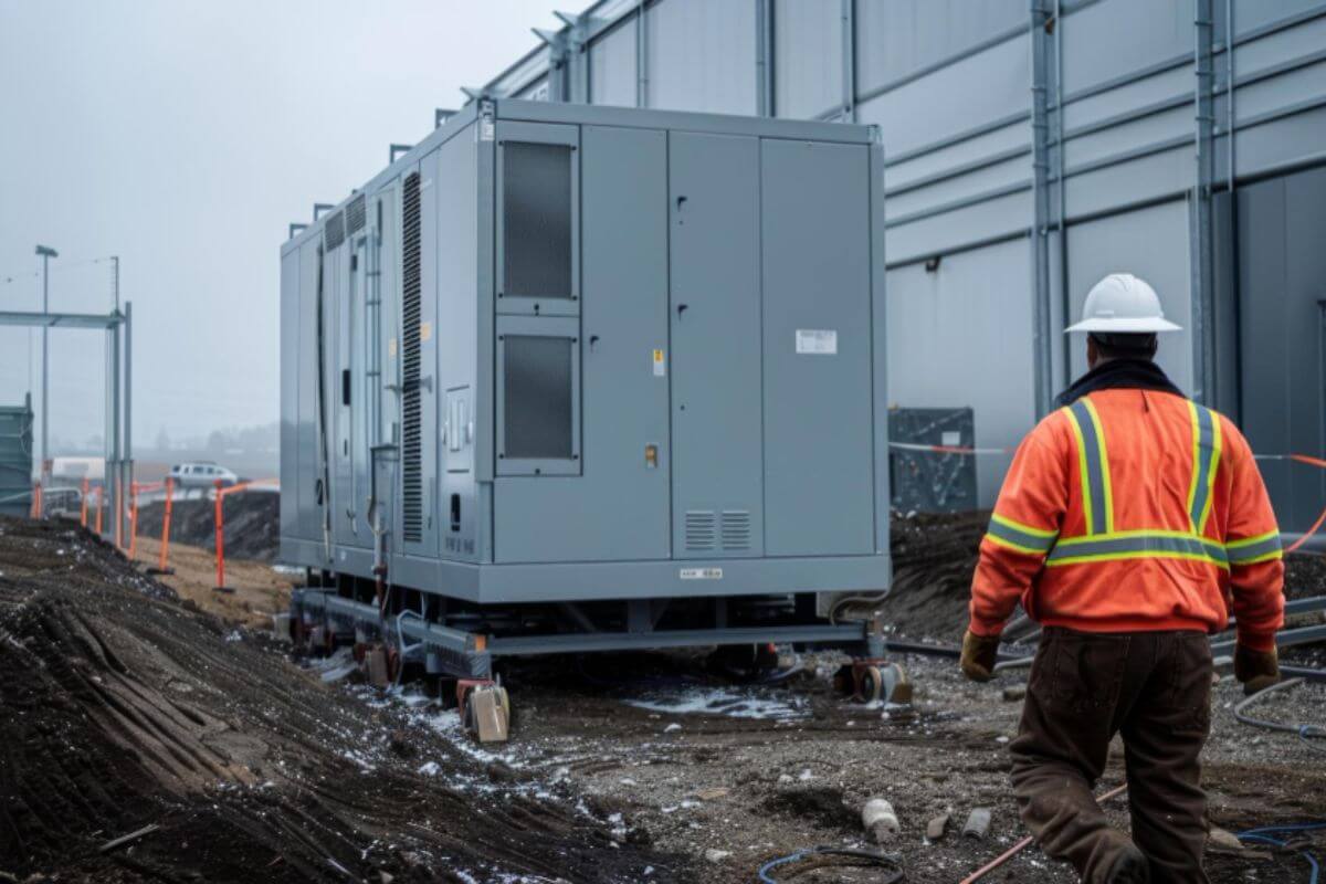 Professional construction worker operating a generator set on-site, ensuring reliable power supply for ongoing construction operations.