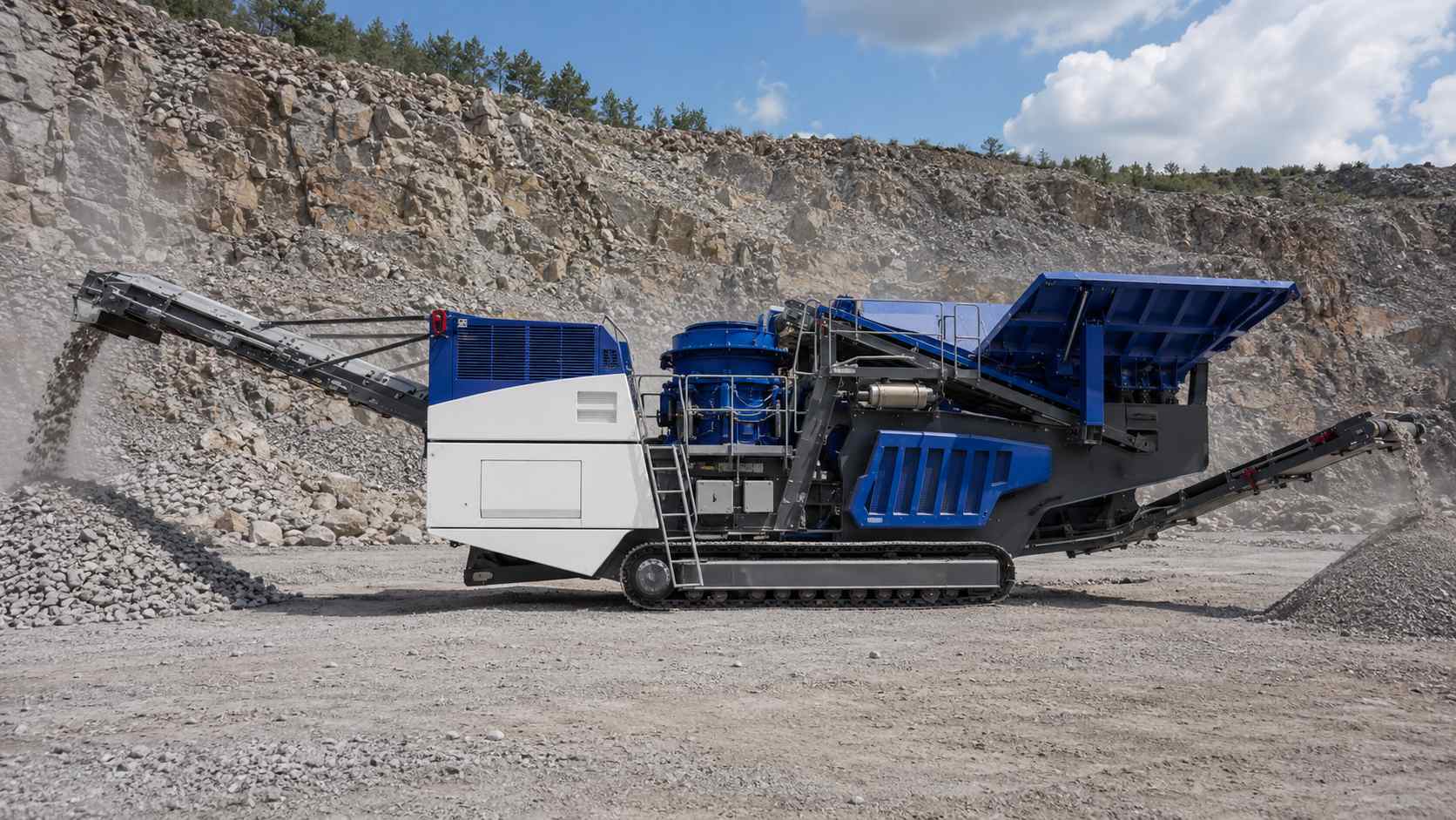 Side-profile view of a mobile cone crusher system with crawler tracks, feed hopper, and conveyors
