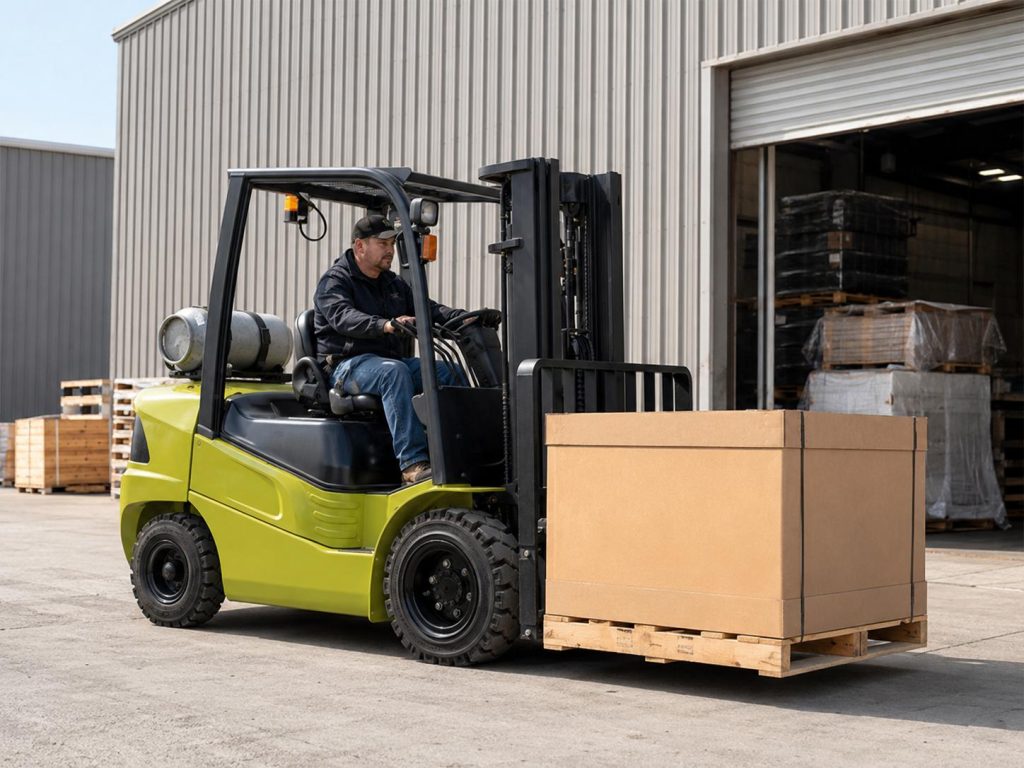 Forklift carrying boxed palletized goods outside a warehouse loading bay