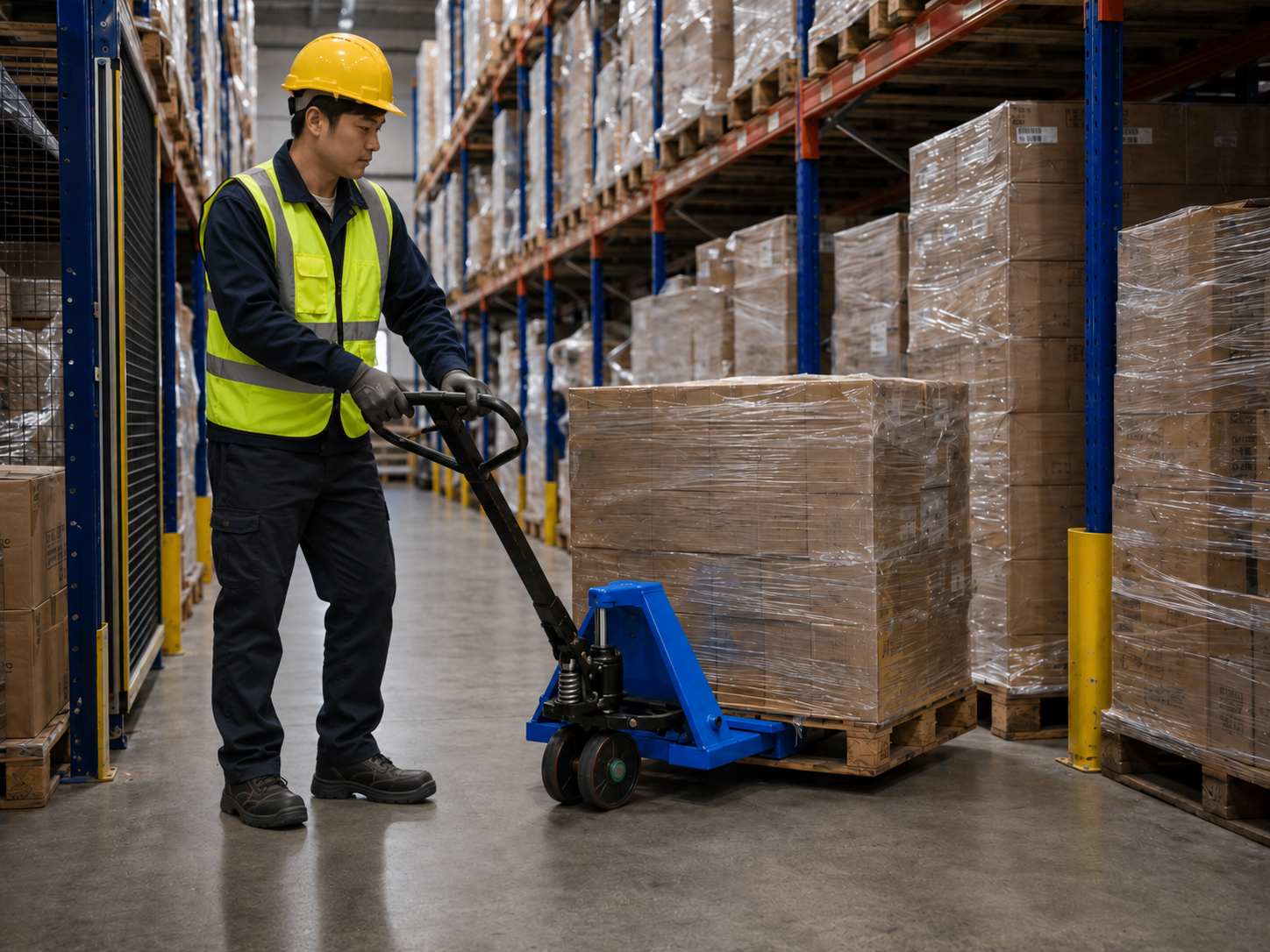 warehouse worker maneuvering blue hand pallet truck through narrow aisle