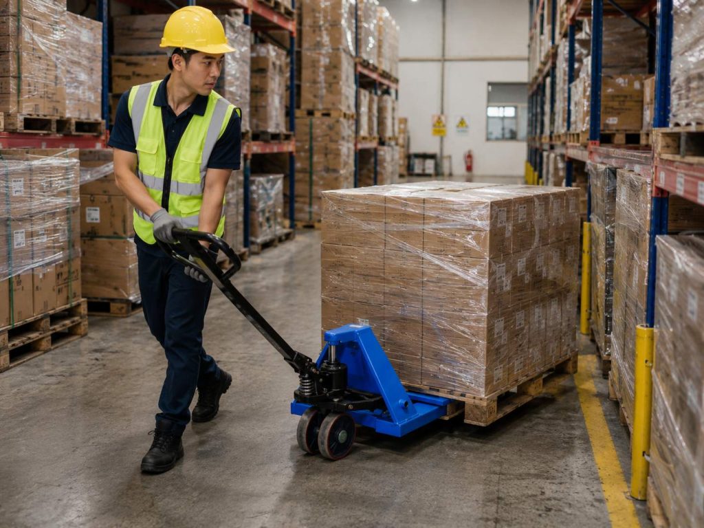 Warehouse worker moving shrink-wrapped pallet with blue hand pallet truck