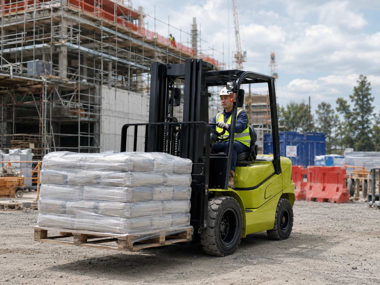 Forklift transporting heavy palletized materials across construction staging area