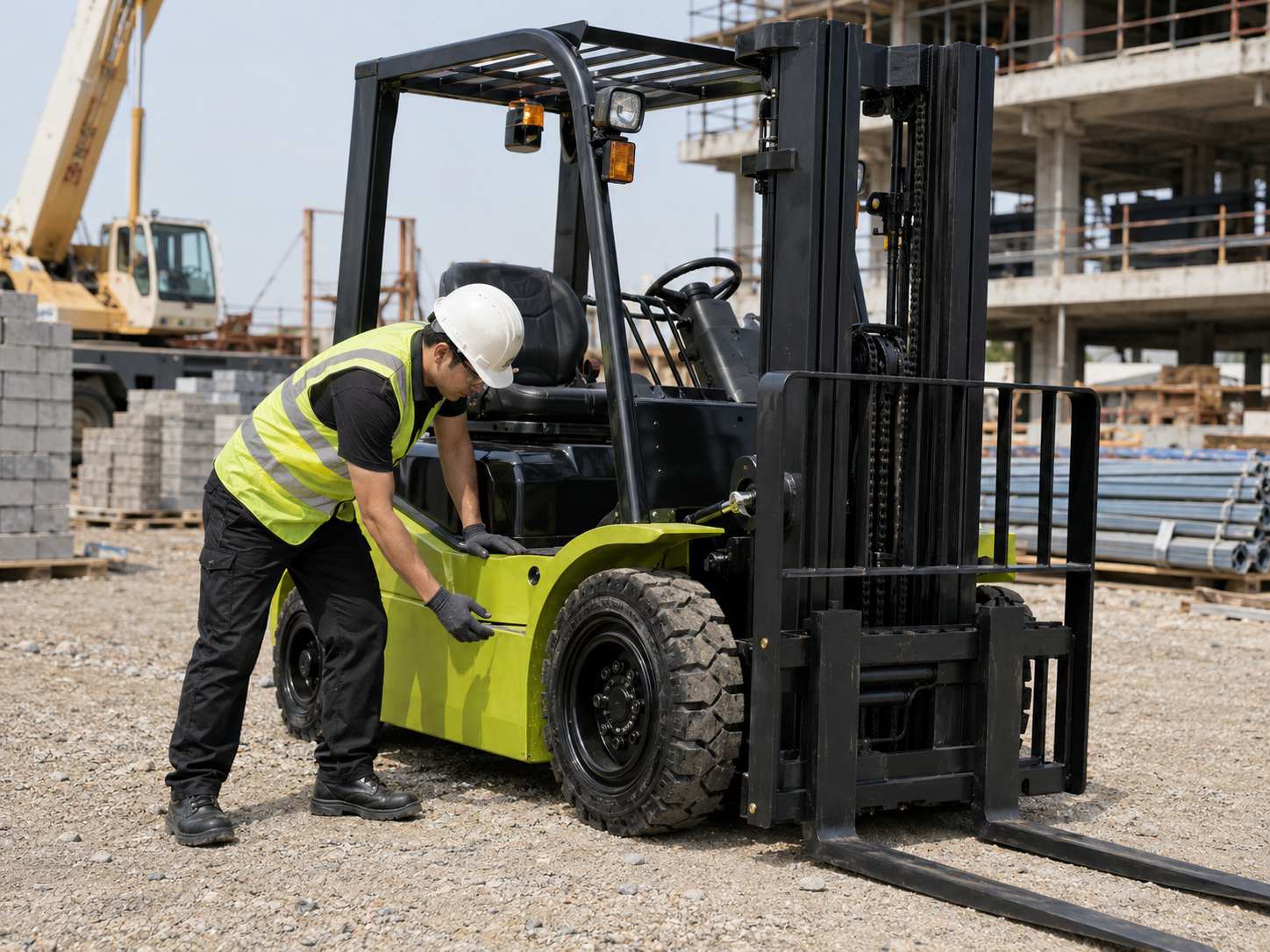Forklift operator inspecting tires and mast before construction site operation