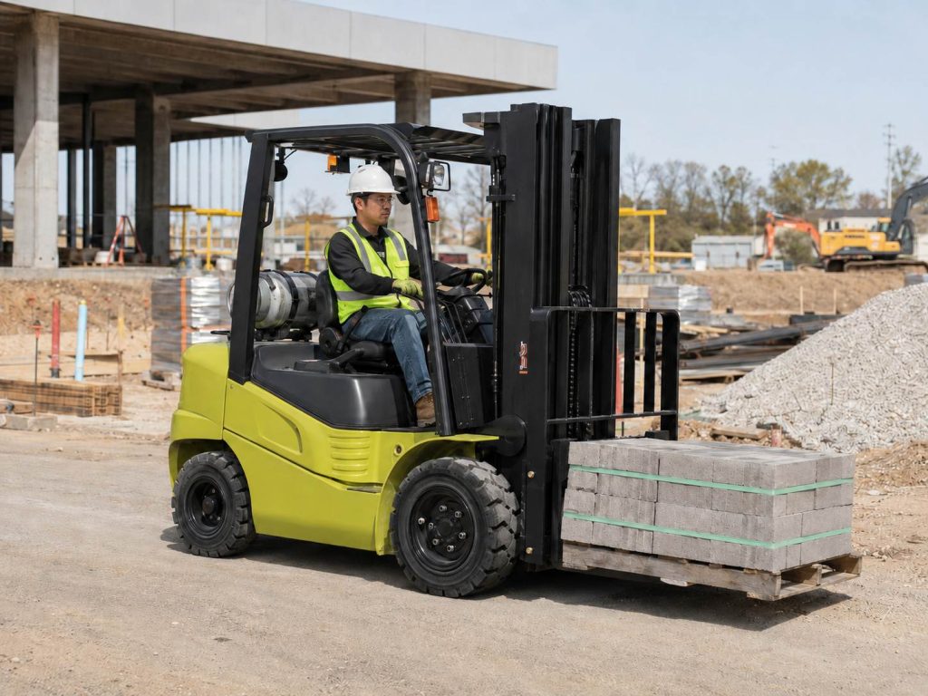 forklift operator carrying concrete blocks at construction site