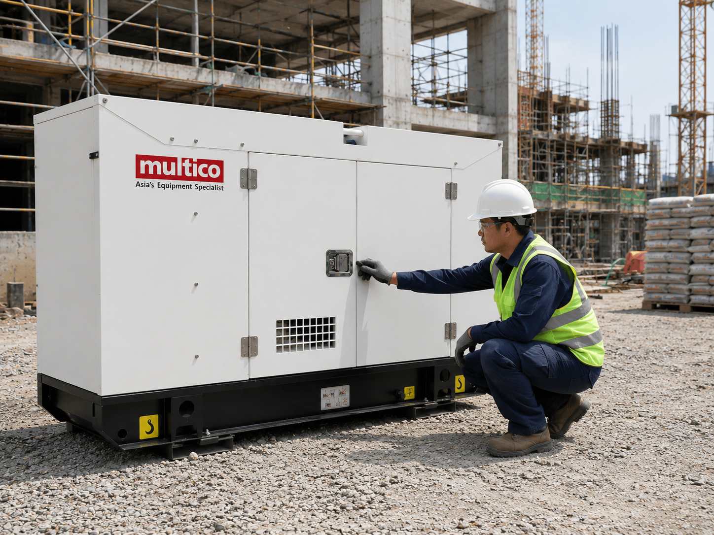 technician inspecting generator set installation at construction site