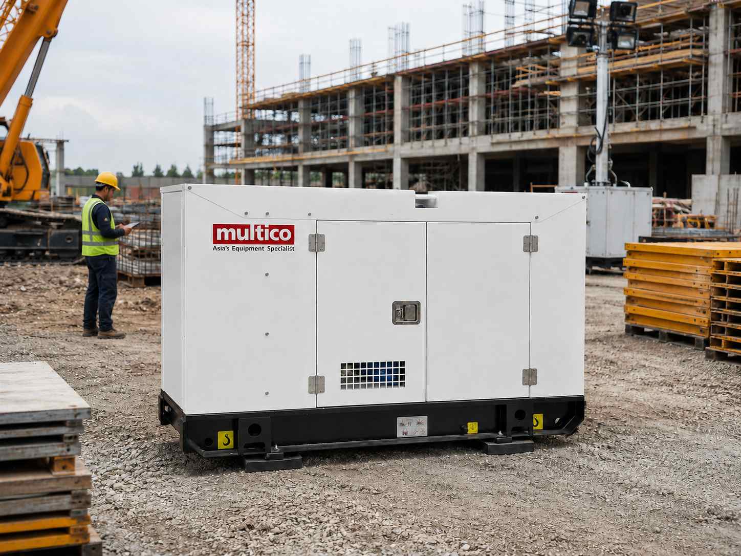 Generator set positioned near construction equipment and material stacks