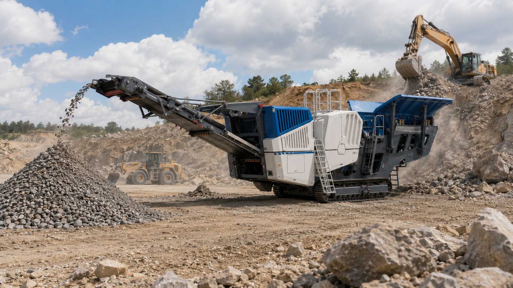 Tracked mobile jaw crusher positioned at a quarry site with extended conveyors and construction equipment in the background