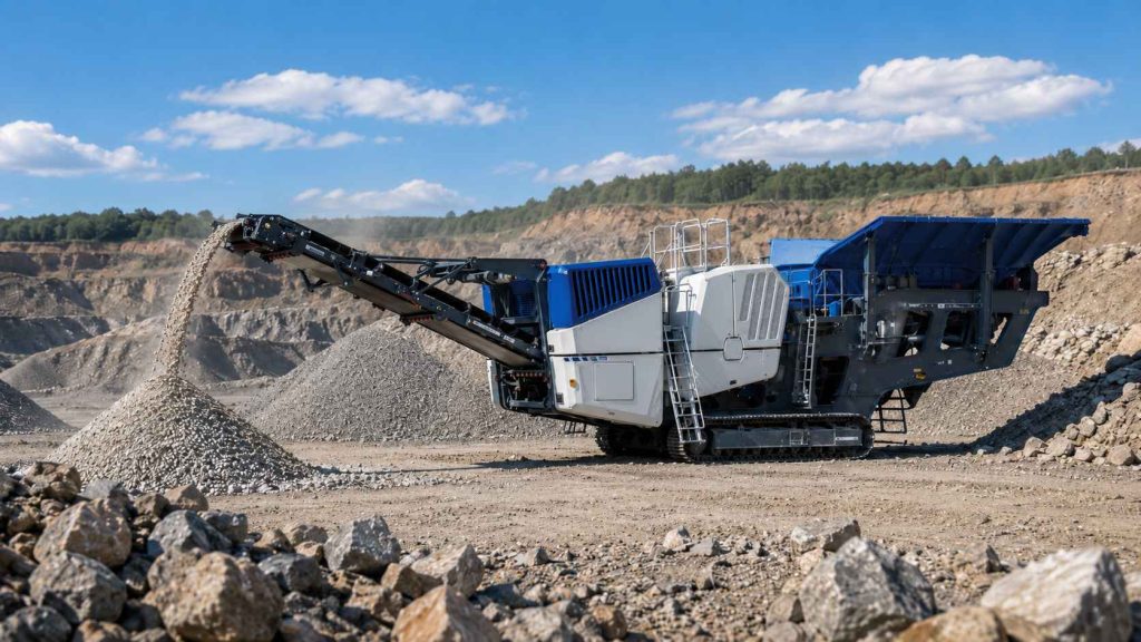 Tracked mobile jaw crusher operating at a quarry site with conveyor belts producing crushed aggregates