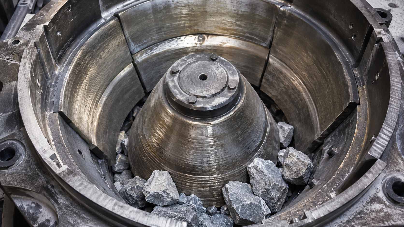 Close-up of cone crusher chamber liners, mantle, and wear surfaces with rocks inside