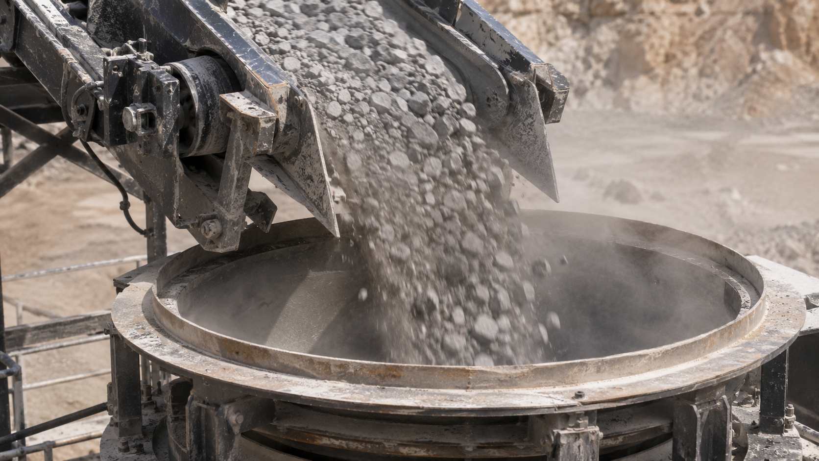 Aggregate material being evenly fed from a conveyor into a cone crusher hopper at a quarry site