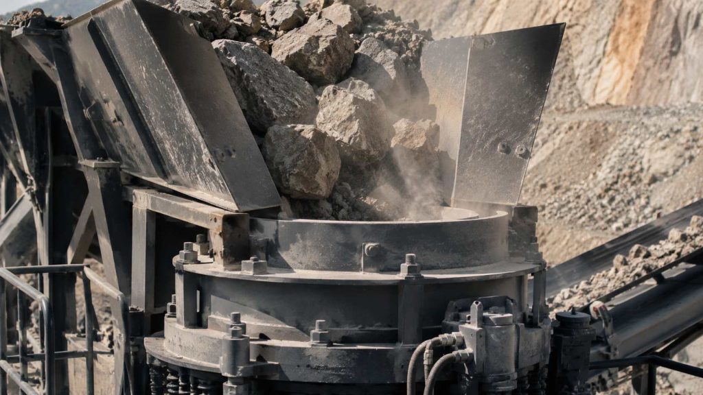 Close-up of large rocks entering the feed opening of a cone crusher at a quarry site